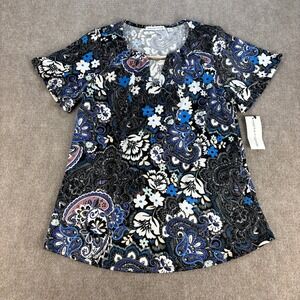 Notations Womens Blue Black Floral Paisley Short Sleeve Blouse Rhinestone Bar S